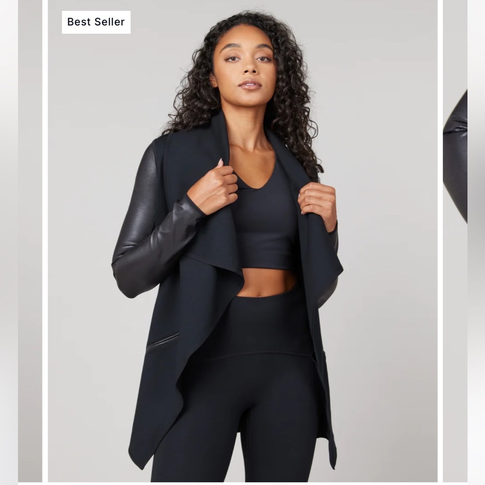 SPANX Black Draped Open-Front Jacket with Leather-Look Sleeves - Picture 2 of 10